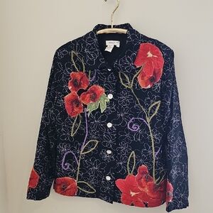 Coldwater Creek Black Jacket with Red Floral Enbrodery Design. Size XL.